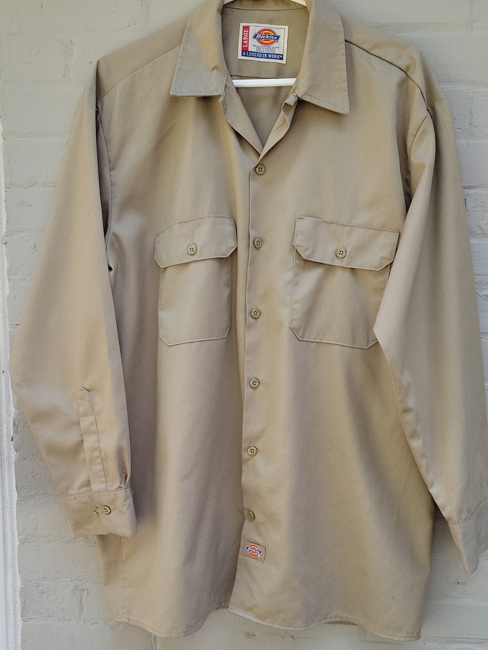 Dickies Tan Poly/Cotton LG Long Sleeve Mens Work Shirt Button Front Two Pockets